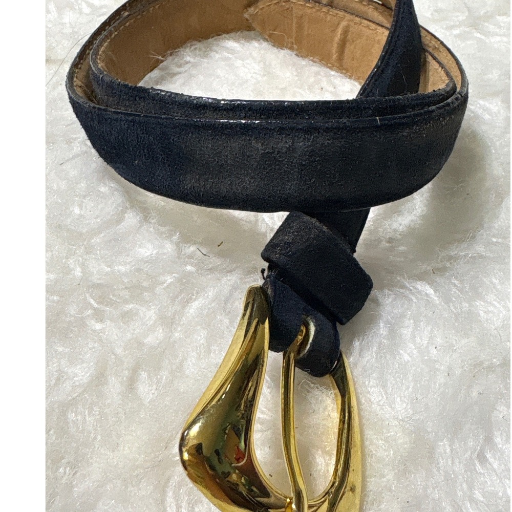 Unbranded Belt Women 26-30 Navy Blue Suede Gold Sculptural Buckle Vintage Style